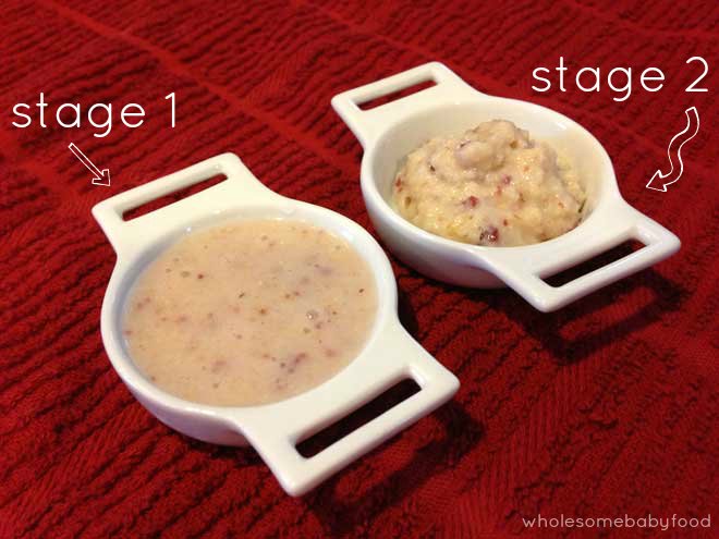 diagram showing the consistency between stage 1 and stage 2 baby food 